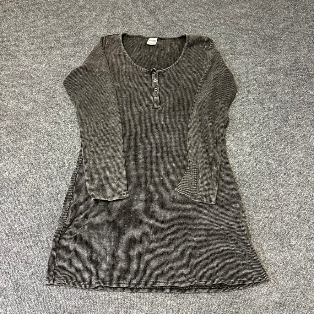 PINK Henley Top Womens Size XL Grey Waffle Knit Acid Wash Long Sleeve Loungewear